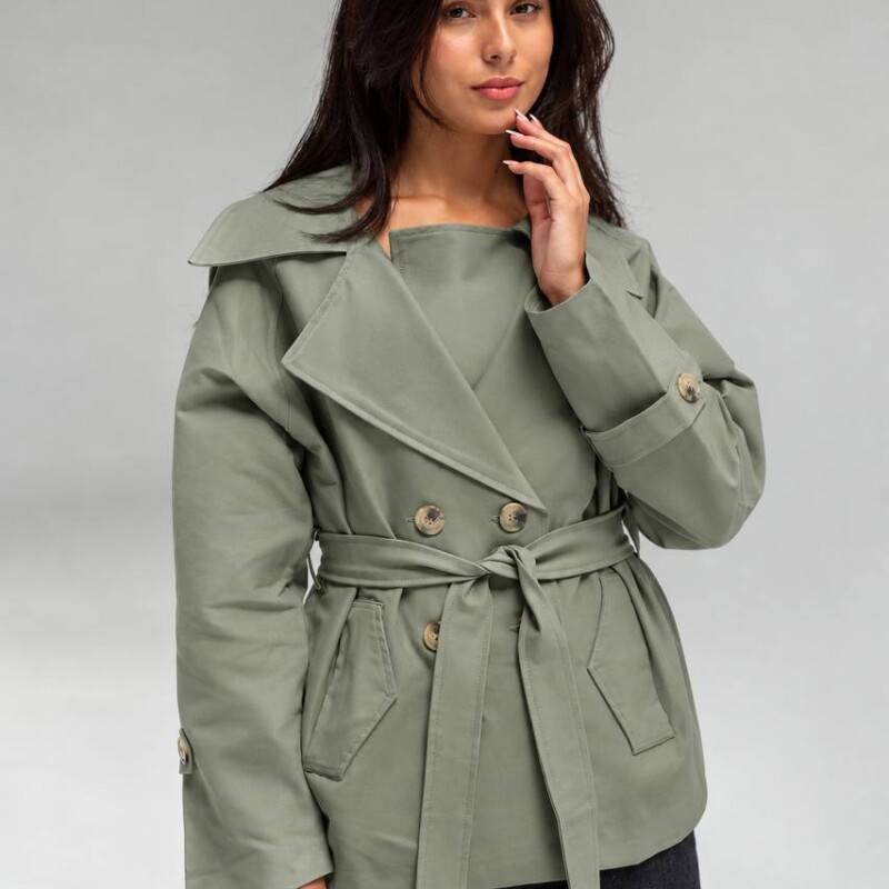Gabardine trench coat.